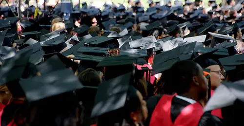 College graduates wearing mortarboard during a graduation ceremony.