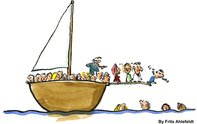 cartoon image of a big sail ship with people lining up and forced to jump to sea as example of employee leaving the corporate world.
