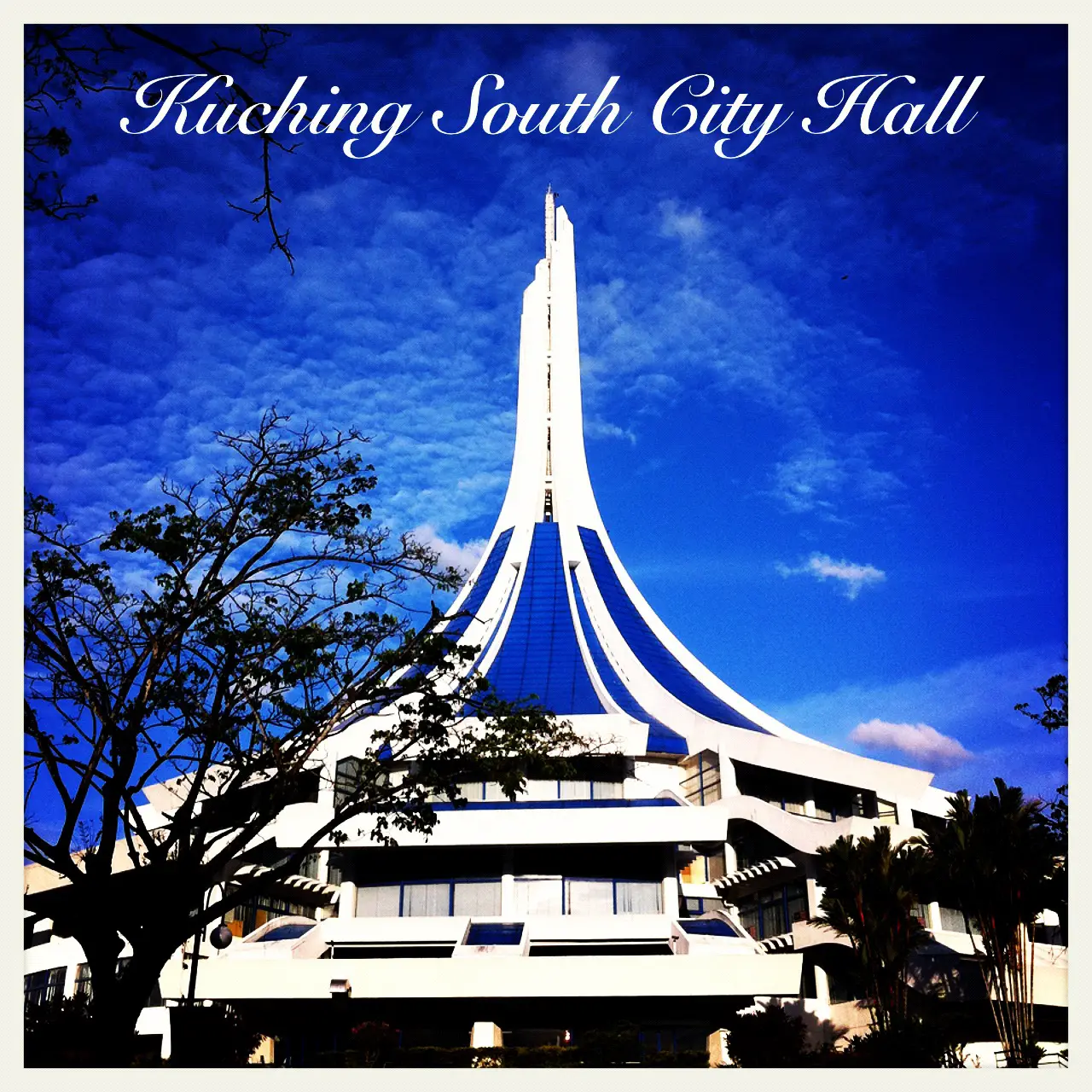 Kuching South City Hall building with stunning blue skies.