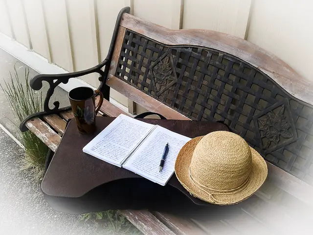 A hat, book, pen and cup on a wooden bench.