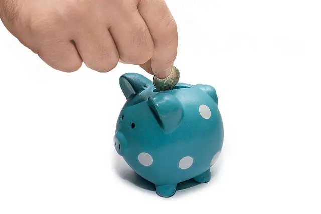 A hand putting a coin in a blue piggy bank
