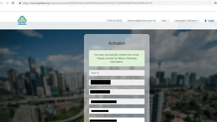 print screen showing activation of iPERKESO account.