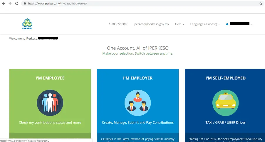 Printscreen of iPERKESO dashboard showing 3 mode: employee, employer and self-employed.
