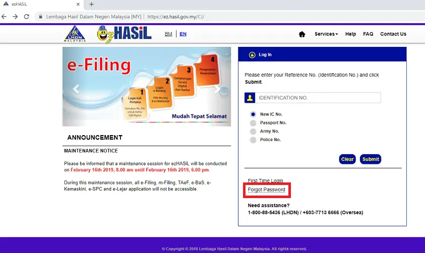 Print screen from LHDN website shows how to reset e-Filing password through Forgot password link.