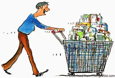 A man pushing a shopping cart of goods as example of a smart consumer.