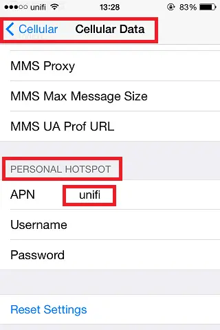 Printsceen on iPhone to activate Personal Hotspot on unifi mobile.