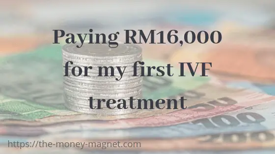 A background of paper money and coins with wording 'Paying RM16,000 for my first IVF treatment'.