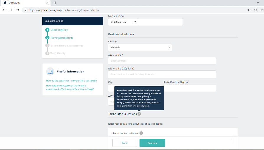 Entering investor personal details including Malaysia Income Tax Number.