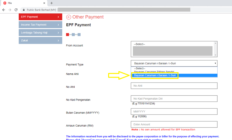 PBE online showing options to either pay to i-Saraan or EPF Self Contribution.
