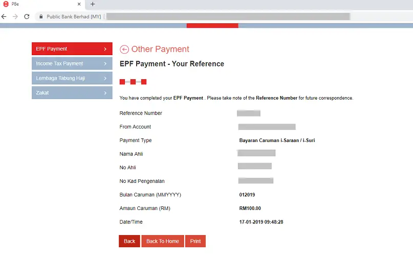 Transaction slip for successful EPF i-Saraan payment through Public Bank online.
