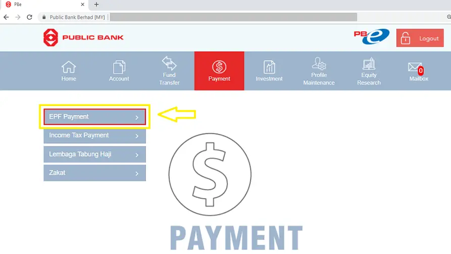 To pay i-Saraan, choose EPF payment option on Public Bank online.