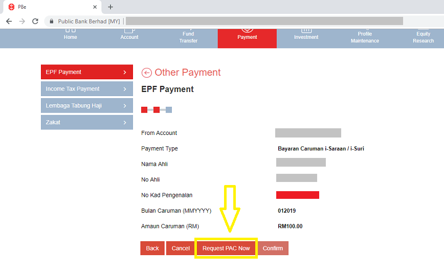 PBE online Request PAC for EPF i-Saraan payment.