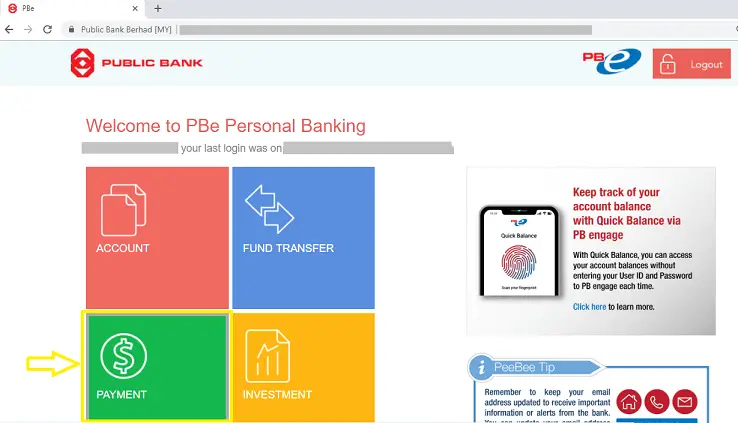 Public Bank online personal banking page.
