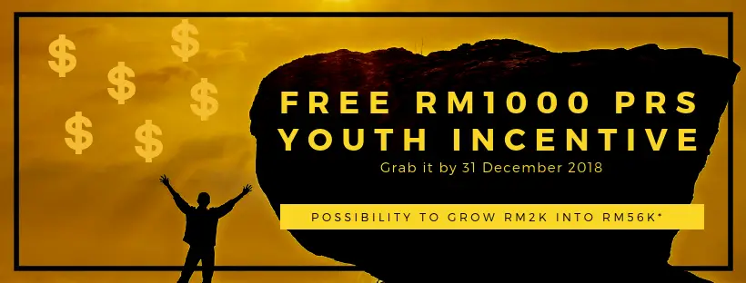 A youth welcoming dollar sign dropping from the sky with words Free RM1000 PRS Youth Incentive