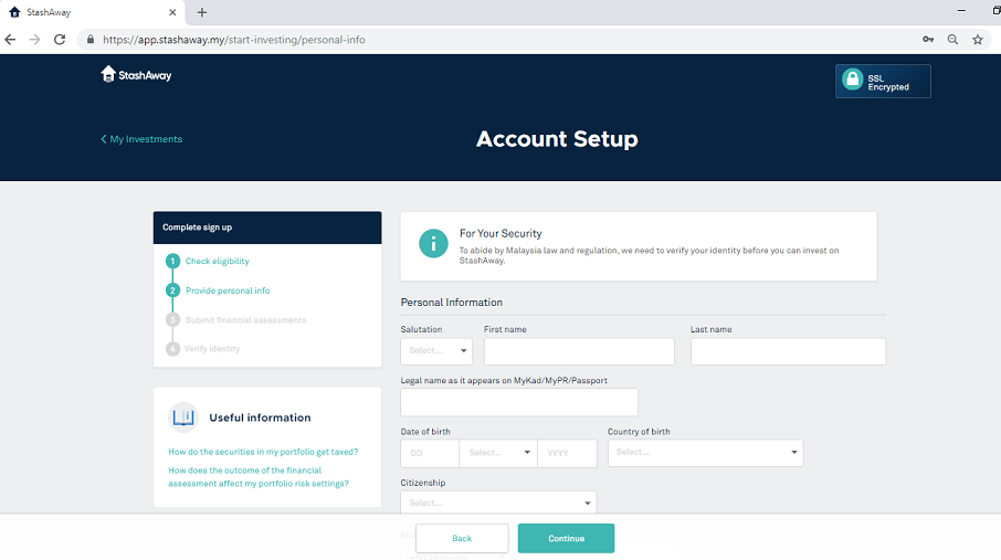 Entering personal information such as legal name, date and country of birth.