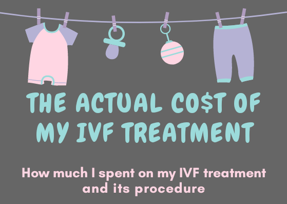 Baby stuff on cloth line with wording of actual cost of my IVF treatment.