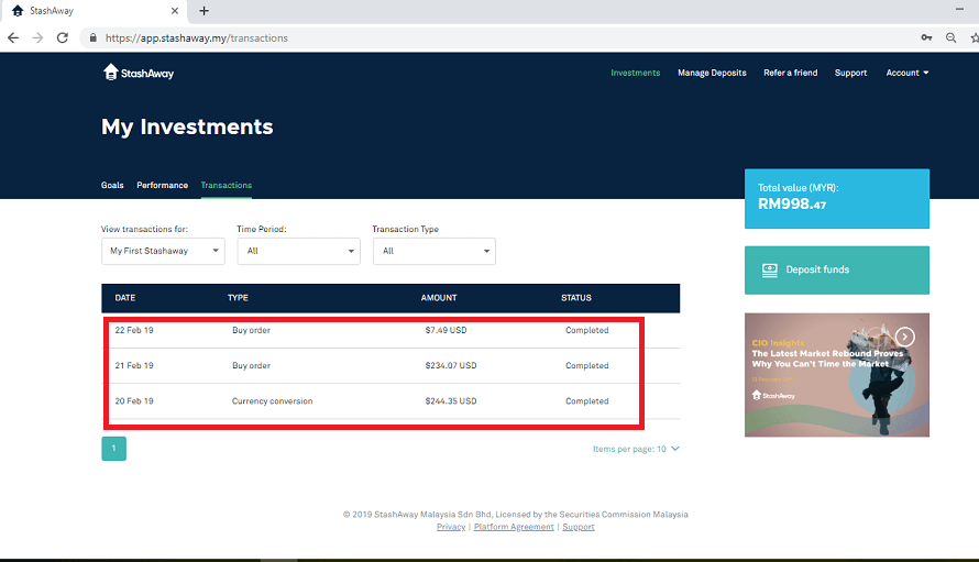 Fund processed for investment with time period and transaction type and total value RM998.47.