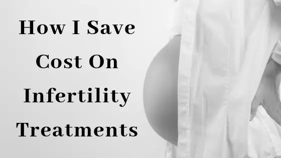 A heavily pregnant woman with wording how I save cost on infertility treatments.