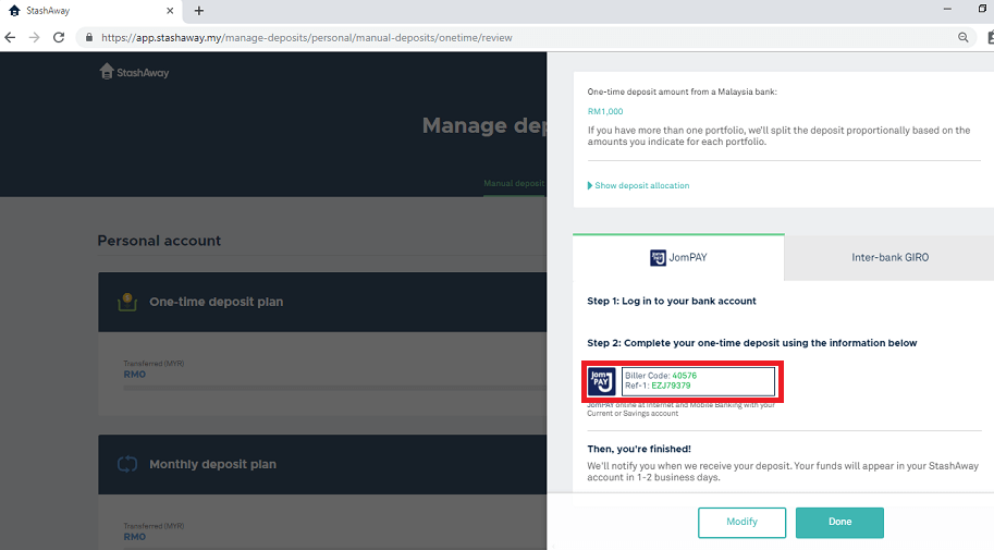 JomPAY Biller Code and Ref-1 on StashAway Malaysia deposit instruction.