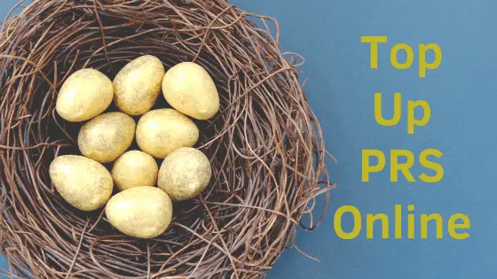A nest with 9 golden eggs and the words top up PRS online.