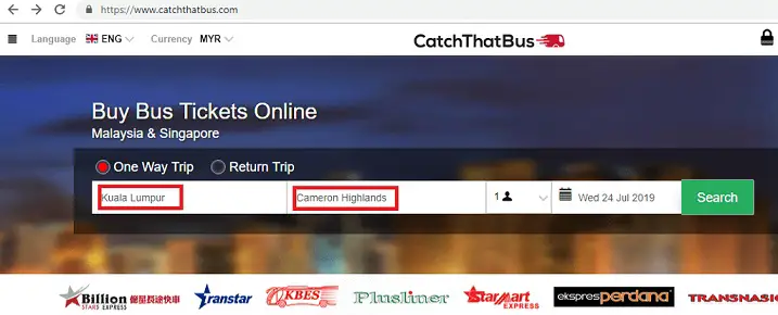 Print screen of CatchThatBus to buy bus ticket from Kuala Lumpur to Cameron Highlands.