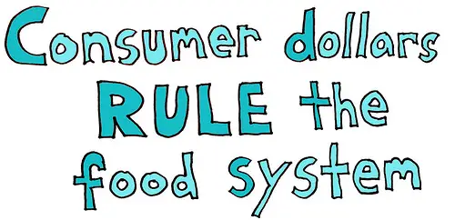 light blue wording 'consumer dollars rule the food system'.