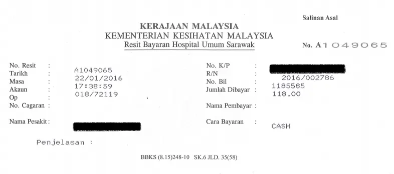 Official receipt from Sarawak General Hospital (SGH) of RM118.00 for appendix surgery cost.