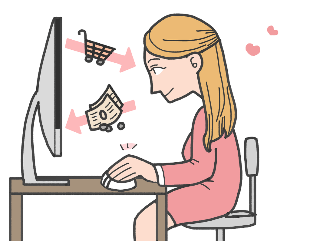 illustration of a woman happily shopping online from her desktop