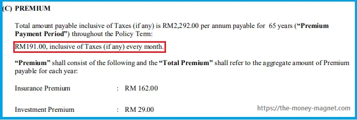 A medical insurance premium at RM191.00 per month.