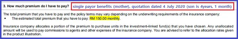 The insurance premium of RM150 monthly for a 4-year-old with single payor benefits.