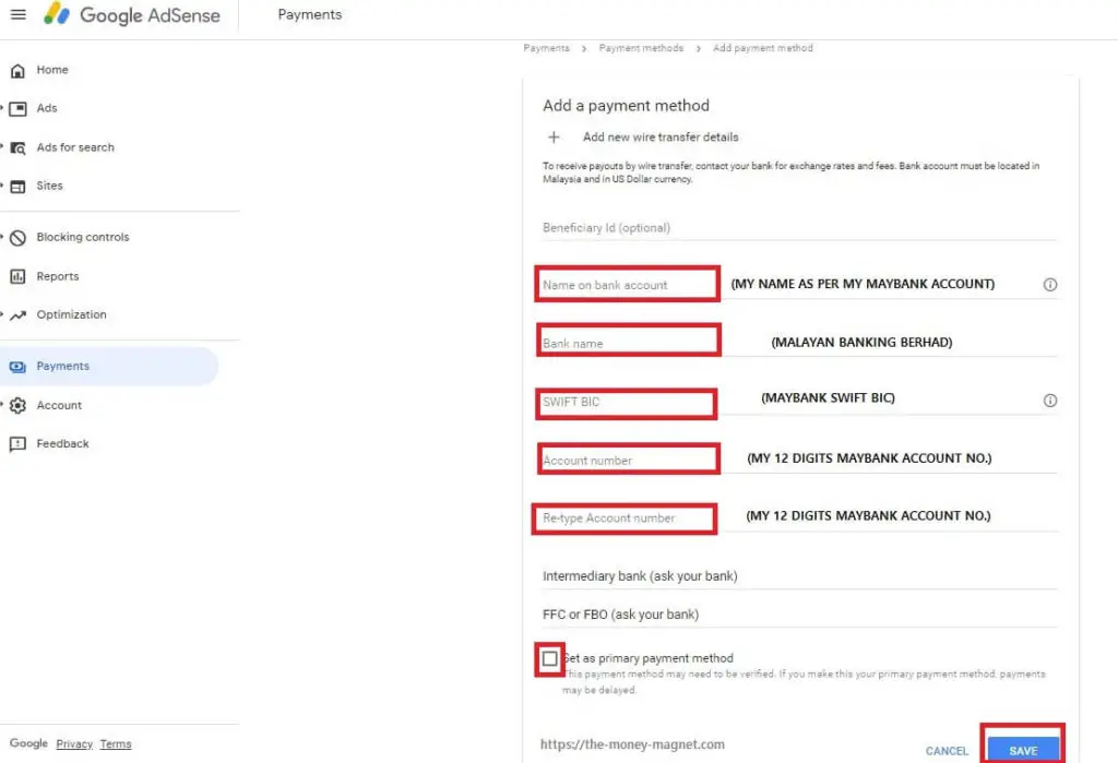Setting up the transfer details for withdrawing Google AdSense payment through wire transfer.