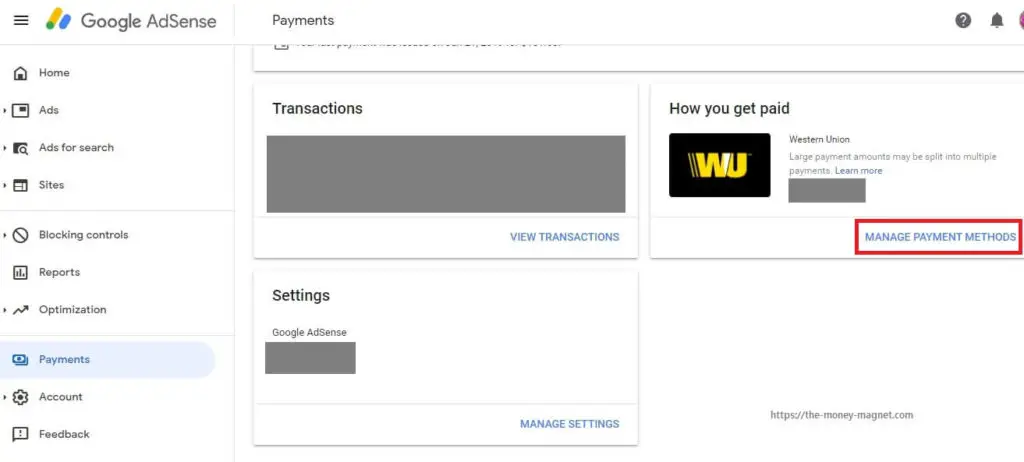 Google AdSense manage payment methods page.