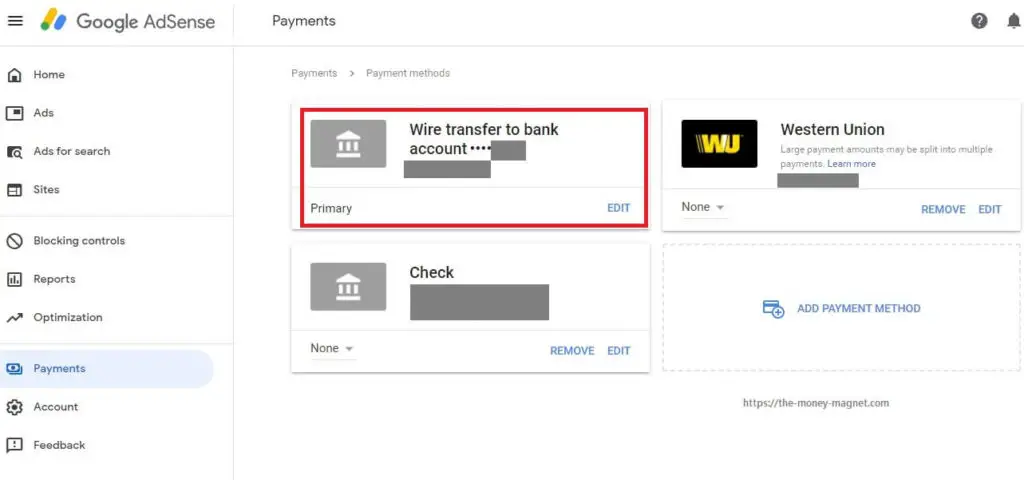 Google AdSense primary payment method updated to wire transfer.
