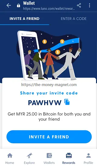 screenshot of Luno referral program with an Invite Code where both referral and referee shall receive RM25 in Bitcoin.