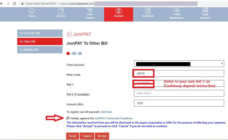 Transferring fund of RM1000 from Public bank to StashAway Malaysia through JomPAY.