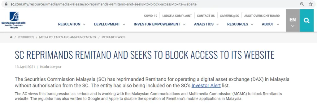 Media release of Securities Commission Malaysia reprimands Remitano and block access to its website is an example of cryptocurrency investing mistakes