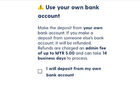 Luno Malaysia's reminder to make a deposit from own bank account.