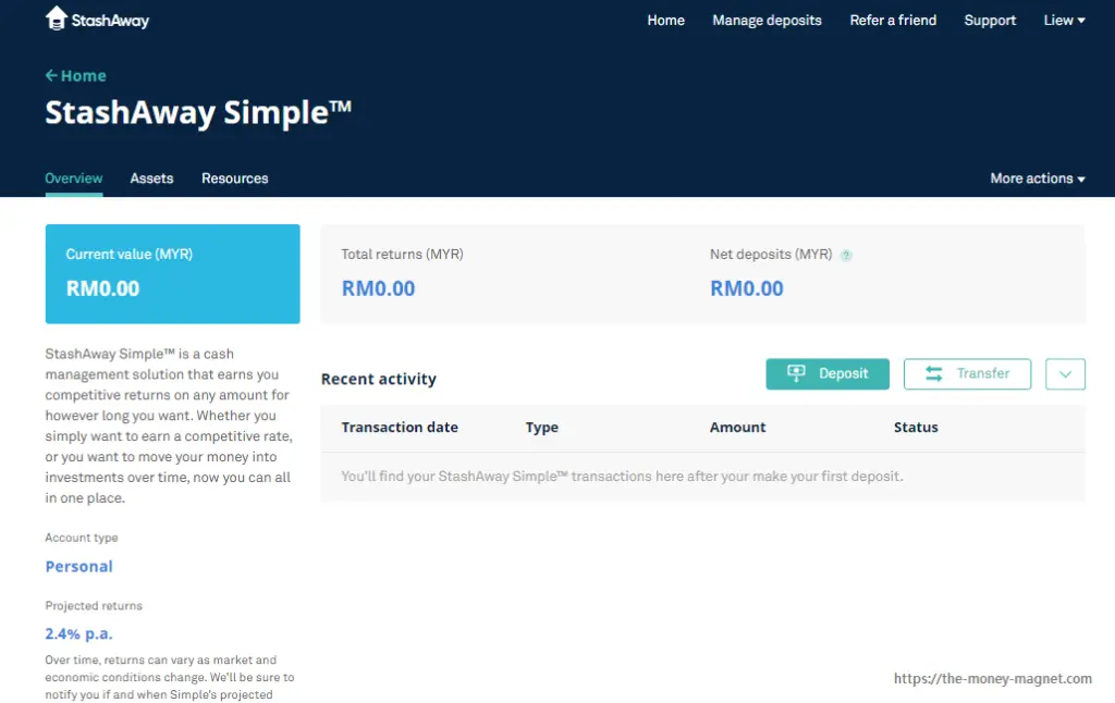 The Manage Deposit screenshot as part of StashAway Simple review.