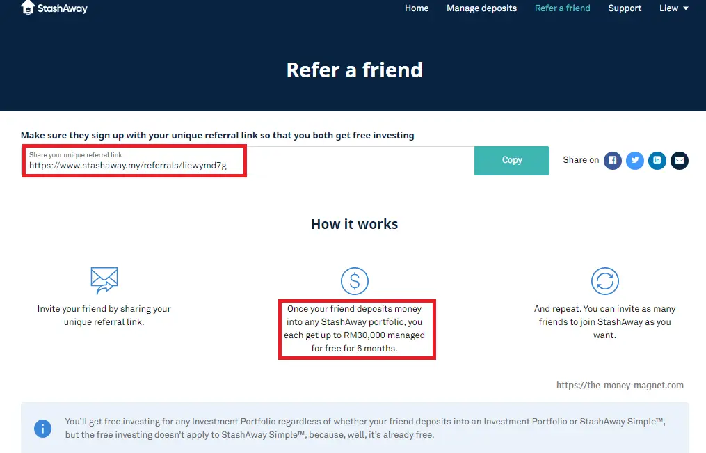 StashAway Refer A Friend invite link worth 6-months fee waiver of up to RM30,000 invested.