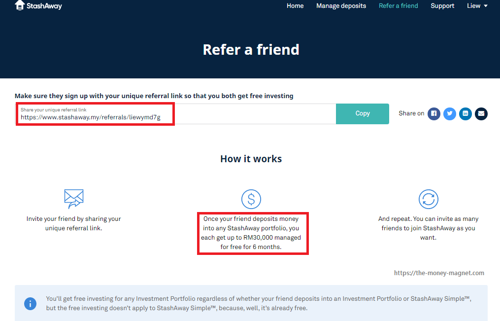 StashAway Refer A Friend invite link worth 6-months fee waiver of up to RM30,000 invested.