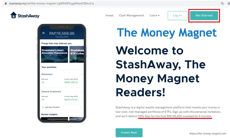 StashAway Malaysia promo code via referral link with 50% fees deduction for new users.