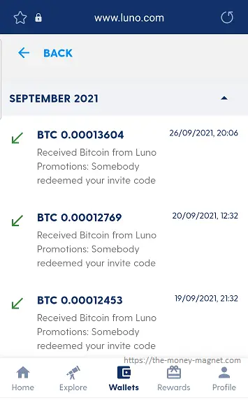Earned free Bitcoin totaling 0.00038826 BTC in September 2021 by inviting others to join Luno.
