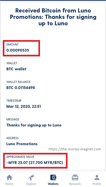 Earned free cryptos of 0.00090535 BTC as sign-up bonus from Luno.
