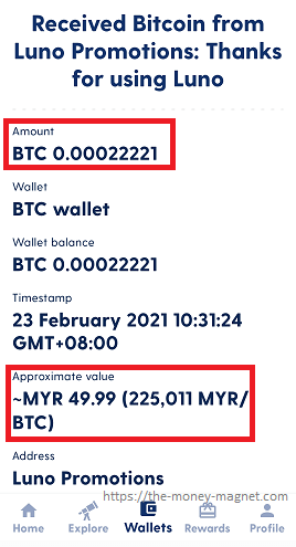 Received free Bitcoin of 0.00022221 BTC from Luno referral campaign.