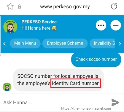 Asking SOCSO Chatbot on how to check SOCSO number.
