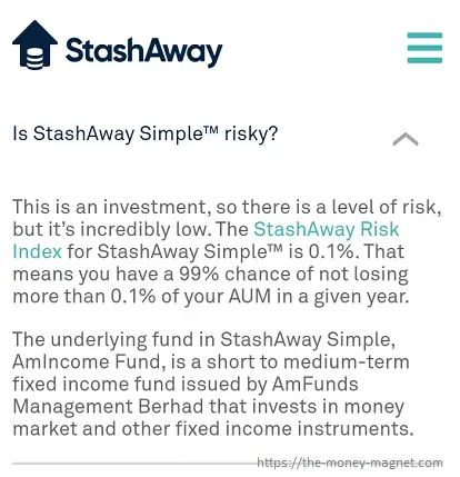 StashAway Simple's risk is incredibly low at SRI 0.1%.