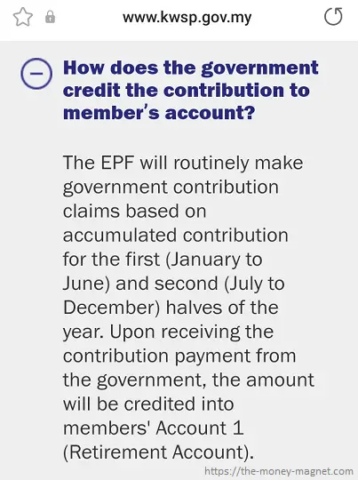 The government incentive shall be credited twice a year, based on the accumulated contribution for the first and second halves of the year.