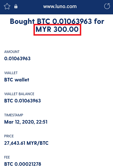 Trying out Luno exchange with a Bitcoin purchase of RM300.