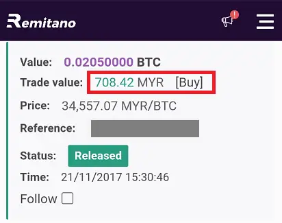 First time buying Bitcoin from Remitano platform with RM708.