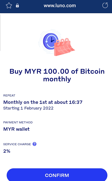 Luno repeat buy feature shows buying RM100 of Bitcoin on the first of every month.